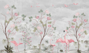 Oosters fotobehang met roze flamingo’s
