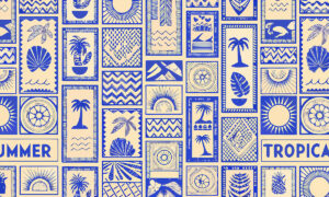 Tropisch postzegelbehang met kobaltblauwe motieven