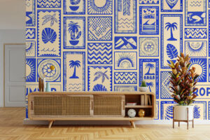 Kobaltblauwe collage van tropische iconen