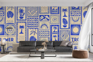 Kobaltblauwe palmbomen en schelpen