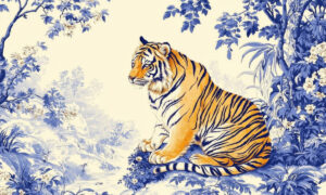 Chinoiserie behang met tijger en bloesems