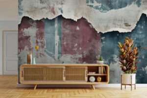 Verweerde muurprint met petrol en roestkleuren