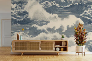 Blauwgrijs patroon met schuimkoppen in oosterse stijl