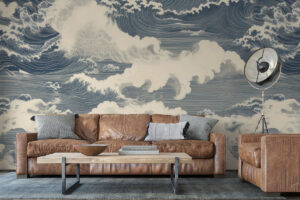 Stijlvol Japans golfmotief in blauwe tinten