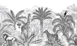 Safari behang met giraffe en zebra’s in etsstijl