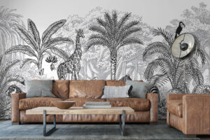 Zwart-wit gravurepatroon met exotische dieren