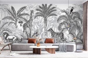 Etsillustratie van dieren tussen palmbomen