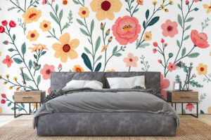 Zachte botanische print met abrikoos en saliegroen