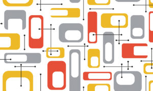 Retro behang met kettingpatroon in mosterd en koraal