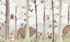 Kinderbehang met bosdieren in aardetinten