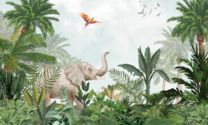Tropisch kinderkamerbehang met olifant en papegaai
