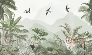 Exotisch junglebehang met tijger en toekan