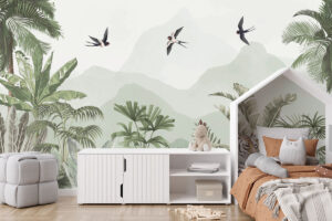 Toekan en zwaluwen tussen bladeren