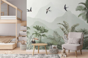 Groene aquarelprint met vogels en vegetatie