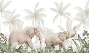 Tropisch behang met olifanten in beige tinten