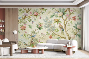 Klassiek behang met vogels in zachte tinten