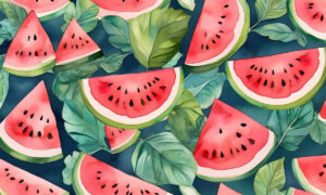 Tropisch behang met watermeloenen en bladeren in aquarelstijl