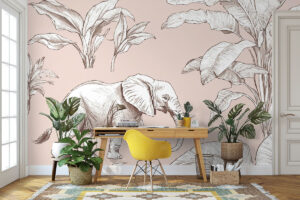 Tropische gravure met olifant en bladeren