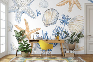 Schelpen in poederblauw en zandgeel