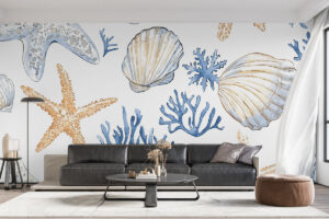 Aquarelpatroon met zeesterren en schelpen in blauwe tinten