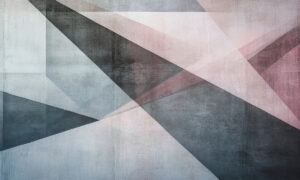 Abstract behang met driehoekige lagen in roze en blauw