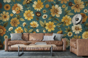 Vrolijk behang met zonnebloemen en margrieten