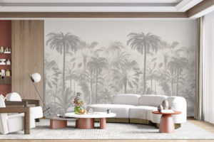 Vintage illustratie met mistig palmlandschap