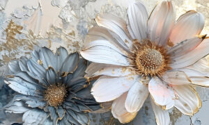 Bloemenbehang met witte margrietjes en gouden accenten