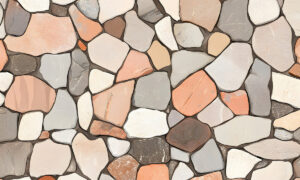 Mozaiek behang met natuursteen in perzik en terracotta tinten