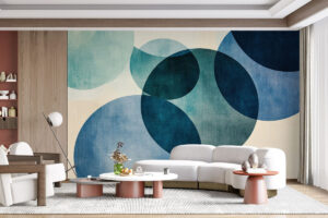 Overlappende vormen in mintgroen en petrolblauw