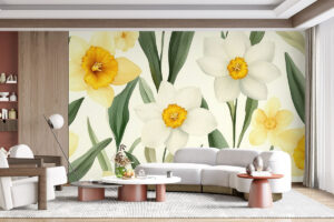 Natuurlijk dessin met narcissen en groene stelen