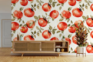 Vrolijk dessin met tomaten en bladeren in aquarelstijl