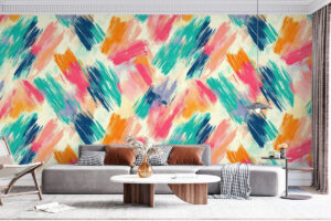 Artistiek behang met turquoise en magenta tonen