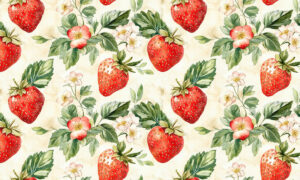 Vintage behang met aardbeien en witte bloesems