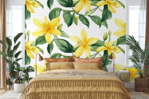 Frisse wandprint met gele lelies en groene accenten
