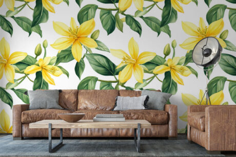 Zachte bloemenprint met groene bladeren