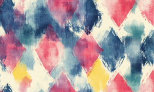 Abstract behang met ikatpatroon in koraal en blauw tinten