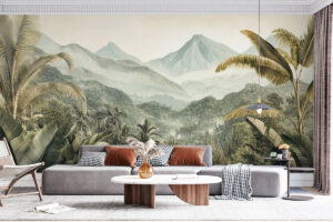 Palmbomen met mistige bergen