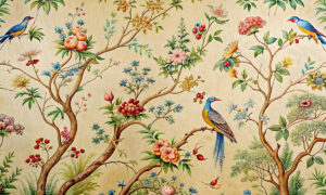 Oosterse tuinillustratie met kleurige bloesems fotobehang