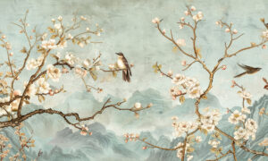 Oosters tafereel met vogels en bloemen behang