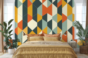 Petrolblauwe en mosterdgele vormen