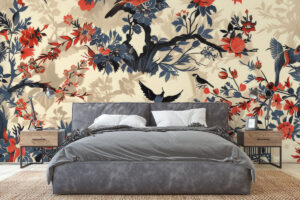Vintage wandprint met vogels in stijl