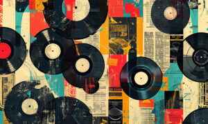 Kleurrijke collage met muzikale nostalgie behang