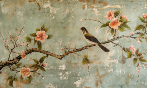 Vintage fotobehang met vogel en bloesemtak