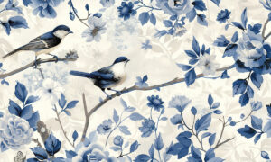 Delfts blauw behang met vogels en bloesem