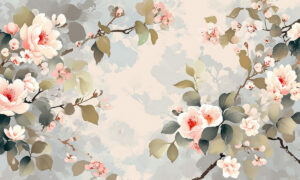 Fotobehang met roze bloesemtakken en olijfgroen blad