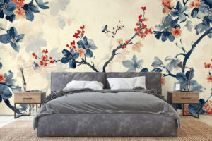 Oosterse bloesems op ivoorkleurige muur