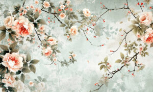 Vintage fotobehang met pioenrozen in mintgroen