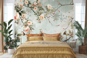 Romantische pioenrozen op mintgroene muur