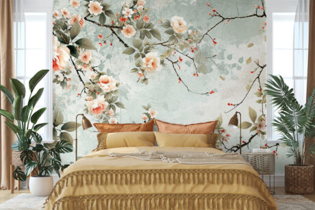 Romantische pioenrozen op mintgroene muur